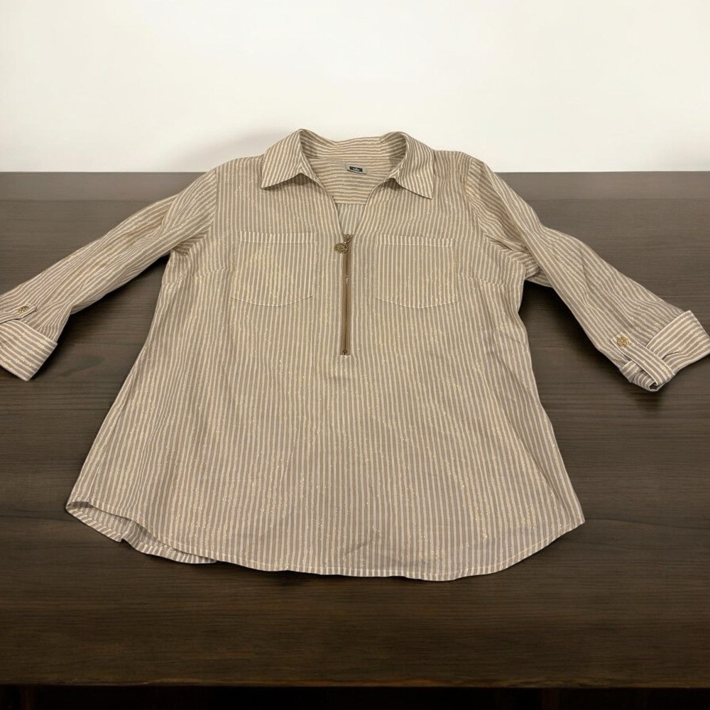 ANNE KLEIN Cotton Blouse Top Beige/Gold/Gold Zipper Women Sz S Resort Beach